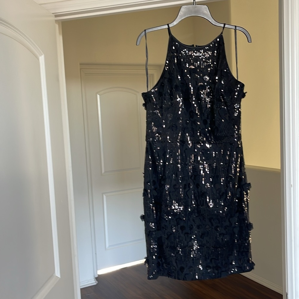 New Eliza J Black Sequin Halter Floating Flower Cocktail Holiday Dress - Picture 9 of 17